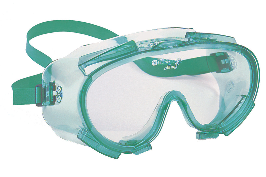 SAFETY GOGGLES, CLEAR LENS W/GREEN FRAME PCCA